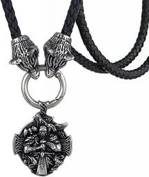BaiJaC ZIRUIGONG Nhlzj Viking Odin Pendant Double Wolf Head Leather Cord Necklace,Norse Handmade Stainless Steel Talisman Amulet Protection Celtic Pagan Jewelry For Men Unisex (Size : 60CM) 60CM