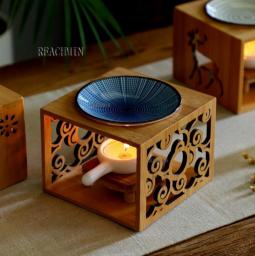 Bamboo Wood Hollow Fragrance Lamp Oil Furnace Aroma Burner Candle Holder Candlestick Vase Romantic Crafts Gifts Home Decoration
