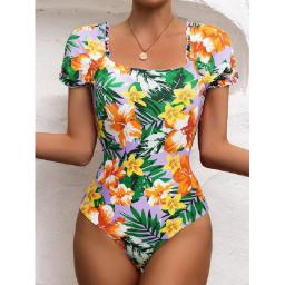 Bandeau Swimwear Women Swimsuit Floral Bathing Suits Sexy One Piece Suit Short Sleeve Bikinis Brazilian Biquini