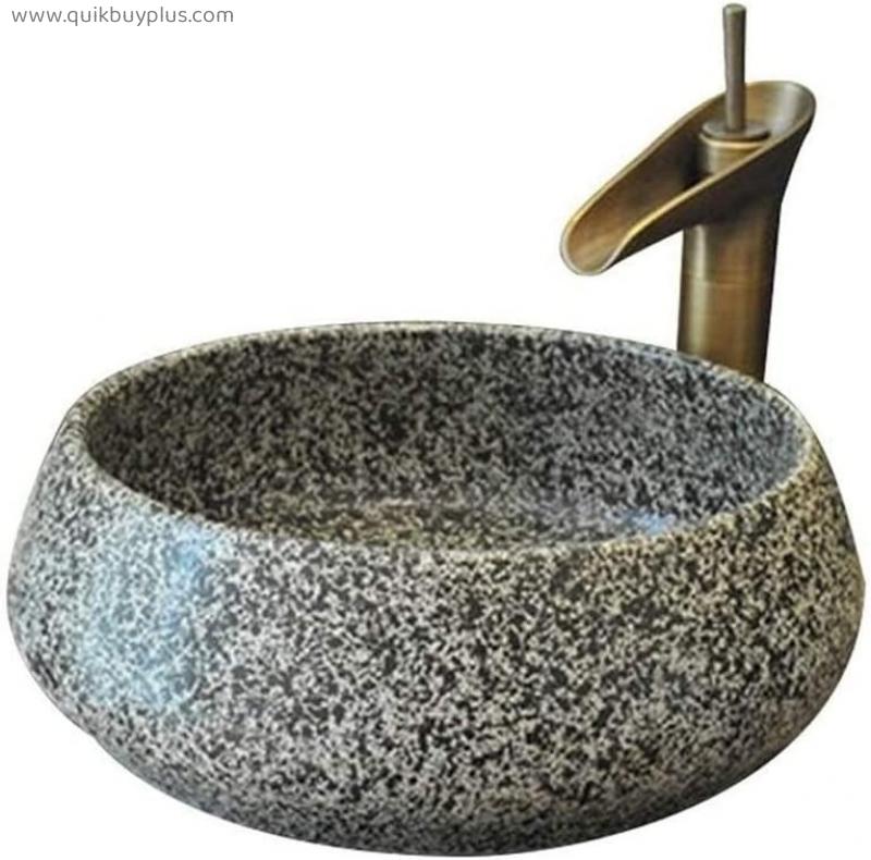 Bathroom Vessel Sink Natural Marble Stone Sink Bathrooms Ceramic Wash Basin, Counter Top Mounted Round Vessel Sink,43X15cm (Faucet Not Included)