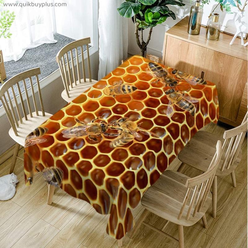 Bee Home Decor Hardworking Bees on Honeycomb in Apiary Sweet Honey Table Covers Polyester Custom Tablecloths Kitchen