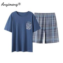 Big Size Men Pajamas Summer New Shorts for Boy Fashion Plaid Printing Soft Cotton Round Neck Sleepwear for Gentleman Leisure Pjs