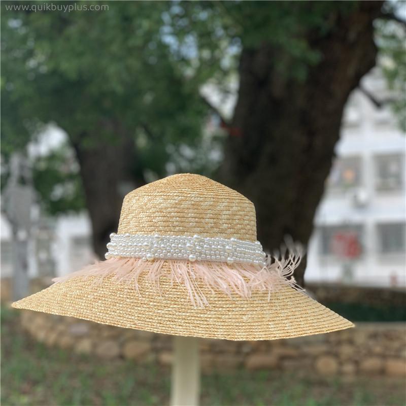 Big Wide Brim Straw Fedora Hat Leather Pearl Decoration Flat Top Summer Hat for Women Fashion Beach Hat Jazz Kentucky Derby Hat