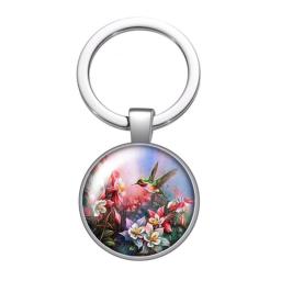 Birds Hummingbird Flowers Glass Cabochon Keychain Bag Car Key Chain Ring Holder Charms Silver Color Keychains For Man Women Gift