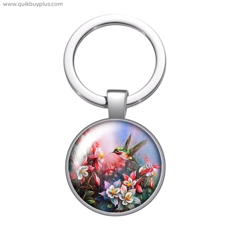 Birds Hummingbird flowers glass cabochon keychain Bag Car key chain Ring Holder Charms silver color keychains for Man Women Gift