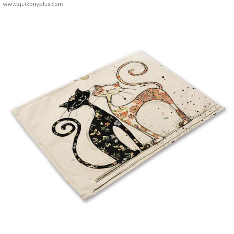 Bkack Cat Pattern Cotton Linen Pad Dining Table Mats Coaster Bowl Cup Mat Pattern Kitchen Placemat 42*32cm Home Decor MA0125