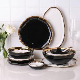 Black/White Ceramic Dinner Plates Set Dishes Cake Food Plate Salad Soup Bowl Dinnerware Set For Restaurant Hotel Tableware