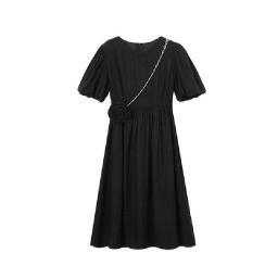 Black Vintage Midi Dress Elegant Women Dresses Square Collar Puff Sleeve Loose Casual Chain Rose Decoration Sundress Female Robe