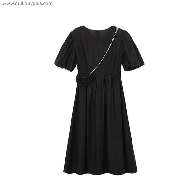 Black Vintage Midi Dress Elegant Women Dresses Square Collar Puff Sleeve Loose Casual Chain Rose Decoration Sundress Female Robe