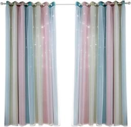 Blackout Curtains Bedroom - Cut Out Stars Blackout Panels Double Layers Eyelet Curtains With Net For Girls Living Room Colorful Window Curtains 2PCS,134x274cm