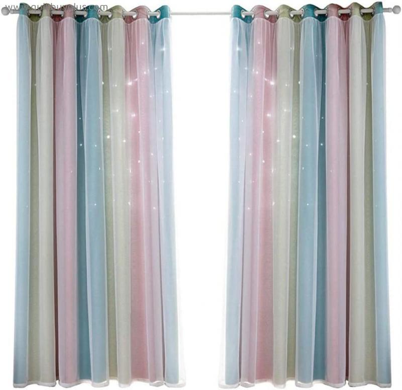 Blackout Curtains Bedroom - Cut Out Stars Blackout Panels Double Layers Eyelet Curtains with Net for Girls Living Room Colorful Window Curtains 2PCS,134x274cm