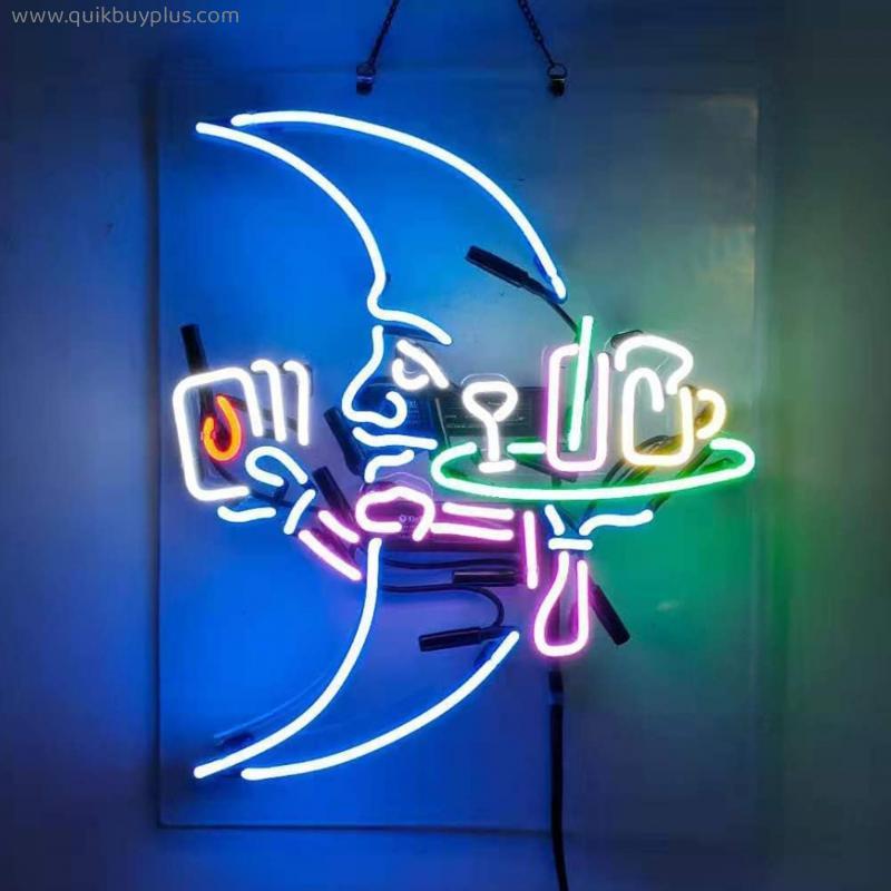 Blue Moon Waiter Neon Signs Handmade Real Glass Tube Beer Neon Bar Signs for Home Bar Pub Party Store Shop Wall Hanging Lights Home Room Garage Recreation Room Art Decor Neon Light 19x15
