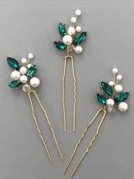 Bohe Blue Green Rhinestone Hair Pins 3PCS Women Headpieces Birde Headdress For Hair Clips Pearls Bridal Wedding Accessories