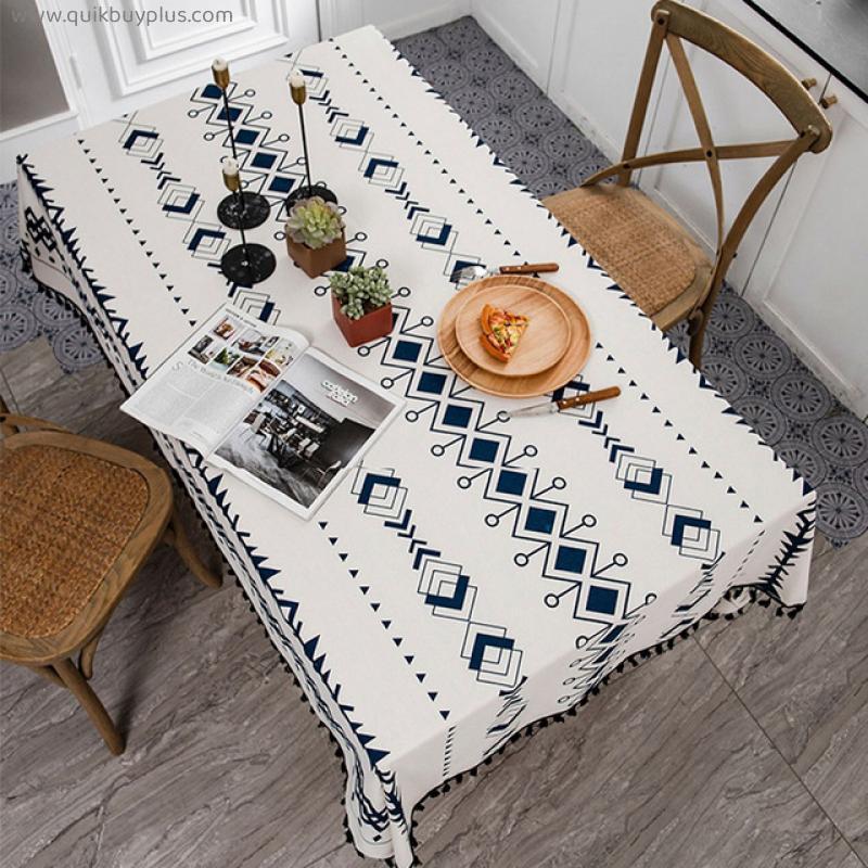 Bohemian Dining Waterprooft Tablecloths Cotton Printed Table Cloth With Tassel Lace Table Cover Party Wedding Table Decoration