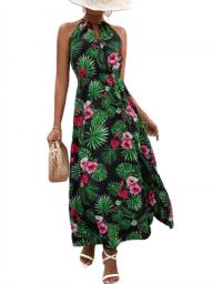 Boho Floral Print Maxi Dresses For Women Sexy Sleeveless Halter Neck Elegant Long Dress Summer Fashion Split Holiday Dress