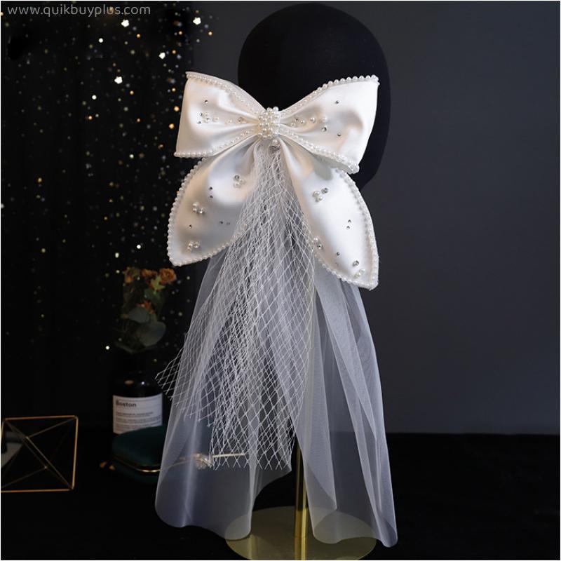 Bow veil Pearl hair clips Embellished Princess Satin Veil Bridal Headdress Romantic Wedding Hair Accessories