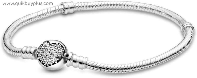 Bracelet heart Snake bone chain charm for bead Sterling Silver Sparkling bracelet women bracelet jewelry gift jewellery (Length : 21cm)