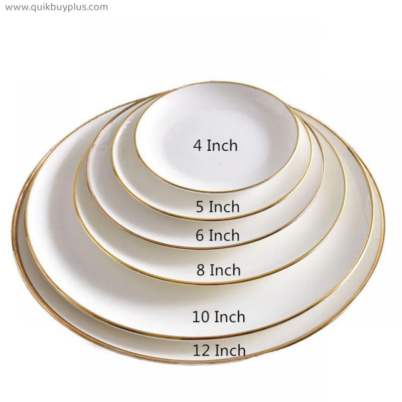 Brief Solid Round Ceramic Plate Bone China Golden Edge Dinner Plate Porcelain Household Breakfast Dishes Steak Tray Snack Plate