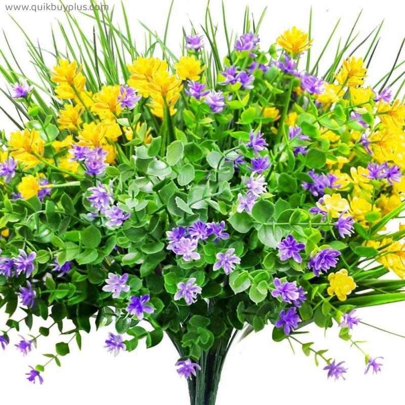 CEWOR 9pcs Artificial Flowers including Faux Yellow Daffodils,Faux Purple Shrubs,Plastic Greenery Shrubs,3pcs each for Indoor Outside Hanging Planter Wedding Decor