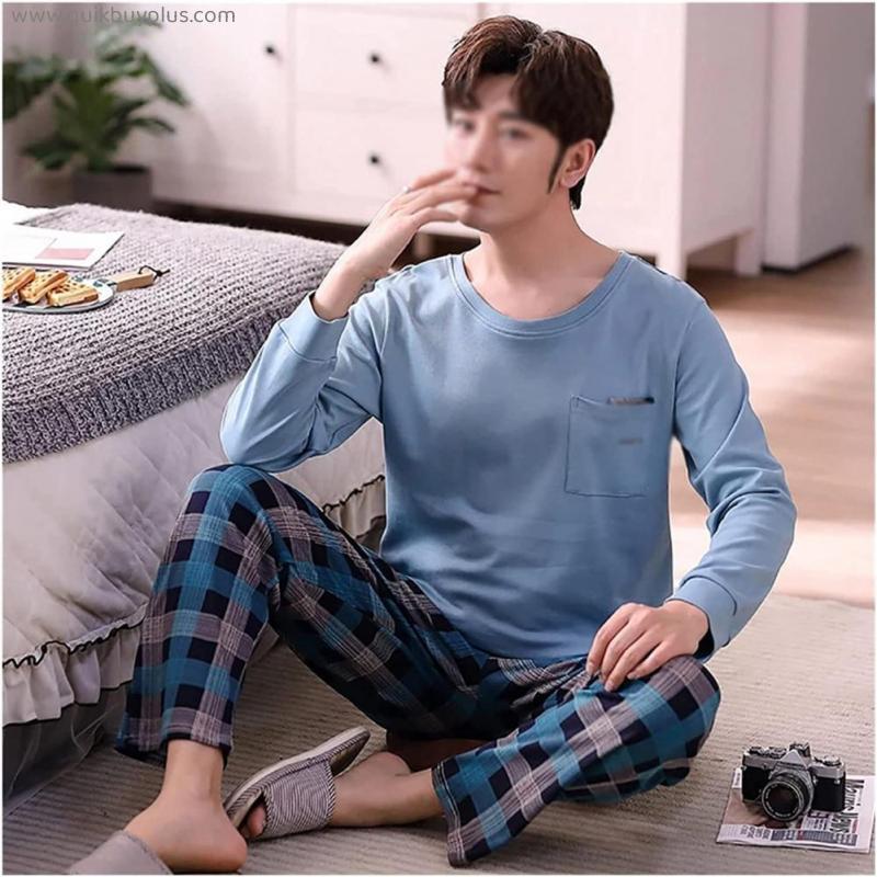 CFSNCM Cotton Men's Pajama Sets Spring Autumn Casual Long Sleeve Sleepwear Pajamas for Men (Color : C, Size : XL(60-75kg))