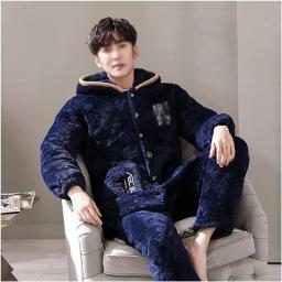 CFSNCM Men's Pajama Sets Winter Flannel Pajamas Hooded Sleepwear Thick Cotton Big Size Pajamas (Color : A, Size : XL(65-75kg))