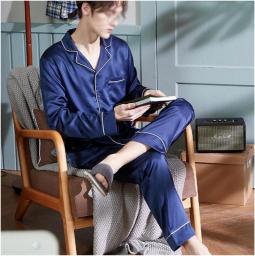 CFSNCM Men Pajama Sets Silk Satin Pijama Sleepwear Long Sleeve Nightwear Male 2 Pieces Sets Homewear (Color : A, Size : L(45-55kg))