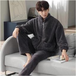 CFSNCM Zipper Cardigan Warm Pajamas Set for Men Style Thick Soft Coral for Men Leisure Pajama (Color : B, Size : L Code)