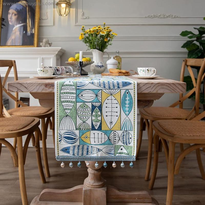 CFWL Table Runner Green Fish Tassel Household Table Runner Wild Retro Tablecloth Table Runner For Round Tables With Umbrella Tablecloths For Rectangle Tables White Tablecloths Green 35*180Cm