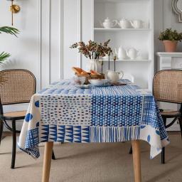 CFWL Tablecloth Blue Stitching Geometric Printing Simple Cotton And Linen Tablecloth Restaurant Kitchen Fabric Disposable Rectangular Tablecloth Plastic White Linen Tablecloths Blue 140*160cm