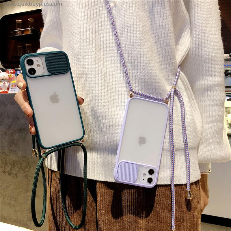Camera Lens Protection Candy Color Phone Case  For iPhone 13 12 11 Pro X XR XS Max SE2 7 8 Plus Necklace With Rope Lanyard Cover