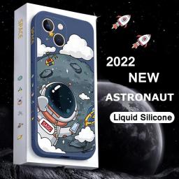Cartoon Astronaut Soft Phone Case For IPhone 13 11 12 Pro Max XR XS Max X 7 8 Plus Shockproof Liquid Silicone Lanyard Back Cover