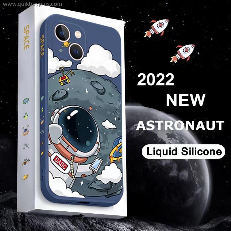 Cartoon Astronaut Soft Phone Case For iPhone 13 11 12 Pro Max XR XS Max X 7 8 Plus Shockproof Liquid Silicone Lanyard Back Cover