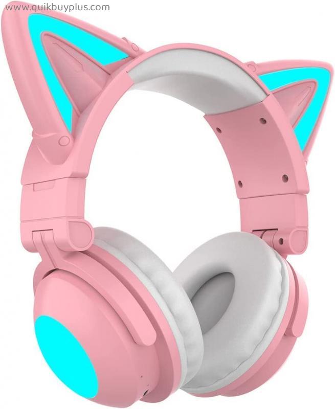 Cat Ear Headphones Wireless Gaming Headphones Bluetooth Headset with Microphone Over Ear Headphones for Girls Pink Headphones Long Battery Life Gift for Friend