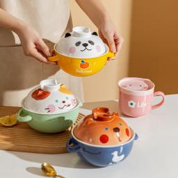 Ceramic Cartoon Salad Soup Bowl With Lid Instant Noodle Bowl Bento Box Student Office Panda Cat Tableware