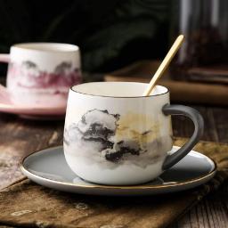 Ceramic Coffee Cup and Saucer Set with Handle 180Ml 6.12Oz， Large Novelty Mug Warmer Mugs Espresso Cups Tea Cup/Gray