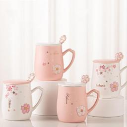 Ceramic Coffee Cups with Lid and Spoon Office Mug Creative Flower Coffee Mugs Breakfast Milk Juice Tea Cup Drinkware