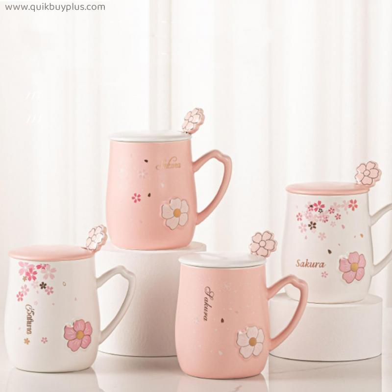 Ceramic Coffee Cups with Lid and Spoon Office Mug Creative Flower Coffee Mugs Breakfast Milk Juice Tea Cup Drinkware