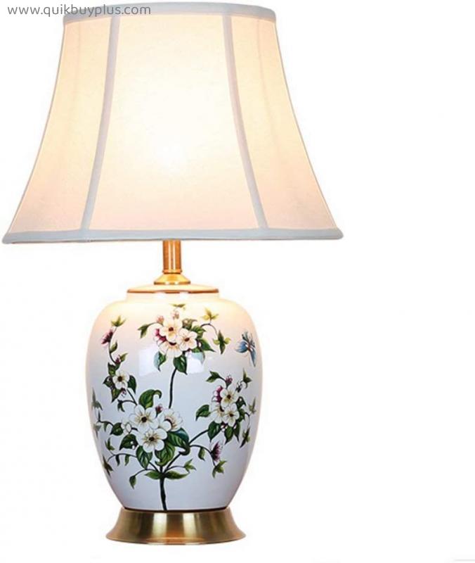 Ceramic Table Lamps Chinese Style Hand-Painted Flower Bedside Cabinets Lighting Desk Lamps Cloth Lampshape