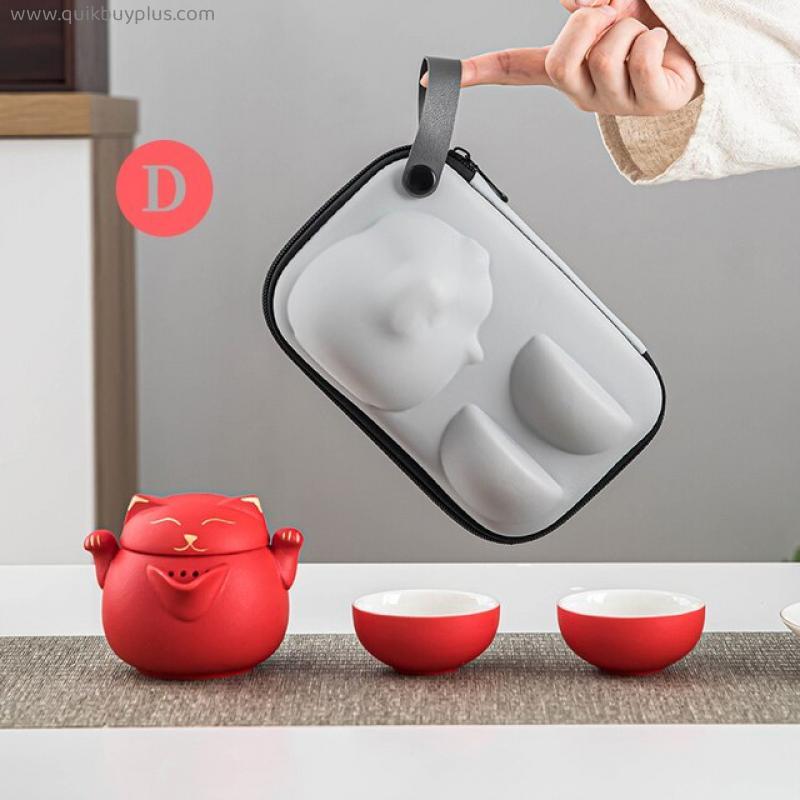Ceramic Teapot with 2 Cups Cute Cat Portable Travel Tea Sets Gift tea set Afternoon tea