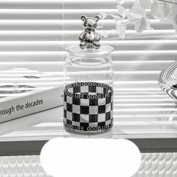 Checkerboard Bear Glass Sealed Jar Restaurant Decorative Coffee Bean Sugar Cube Storage Jar Bottle Kitchen Grain Storage Jar