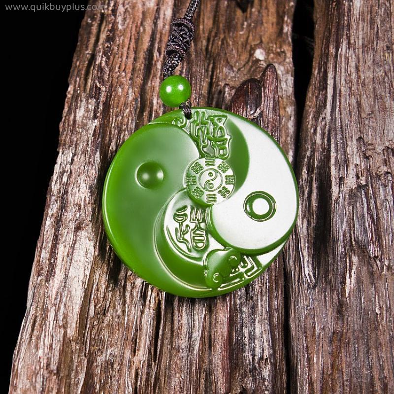 Chinese Natural Green Jade Taiji Bagua Pendant Necklace Hand-Carved Charm Jadeite Jewelry Fashion Amulet Gifts for Men Women