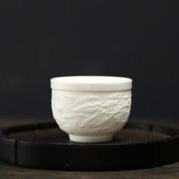 Chinese Suet jade Ceramic Teacup Embossed text Tea cup Travel Tea Bowl Pu'er Master Personal Single Cup Handmade Tea set