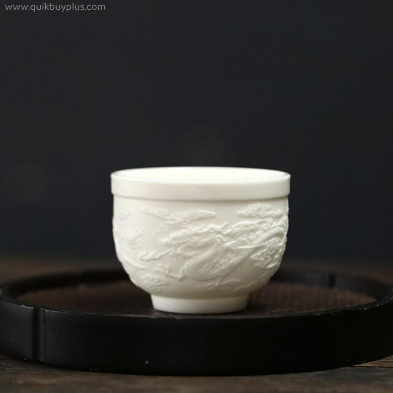 Chinese Suet jade Ceramic Teacup Embossed text Tea cup Travel Tea Bowl Pu'er Master Personal Single Cup Handmade Tea set