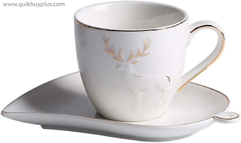 Coffee Cup 5.1 Oz Coffee Cup and Saucer Set with Graceful Elk Relief Decoration and Golden Edges Porcelain Espresso Cups and Spoons Coffee Mugs (Color : White)
