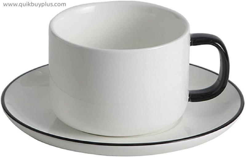 Coffee Cup Ceramic Tea Cup and Saucer Set, 220ml Porcelain Coffee Tea Cups with Black Rims and Handles for Specialty Coffee Drinks, Cappuccino, Cafe Mocha, Espresso and Tea Coffee Mugs