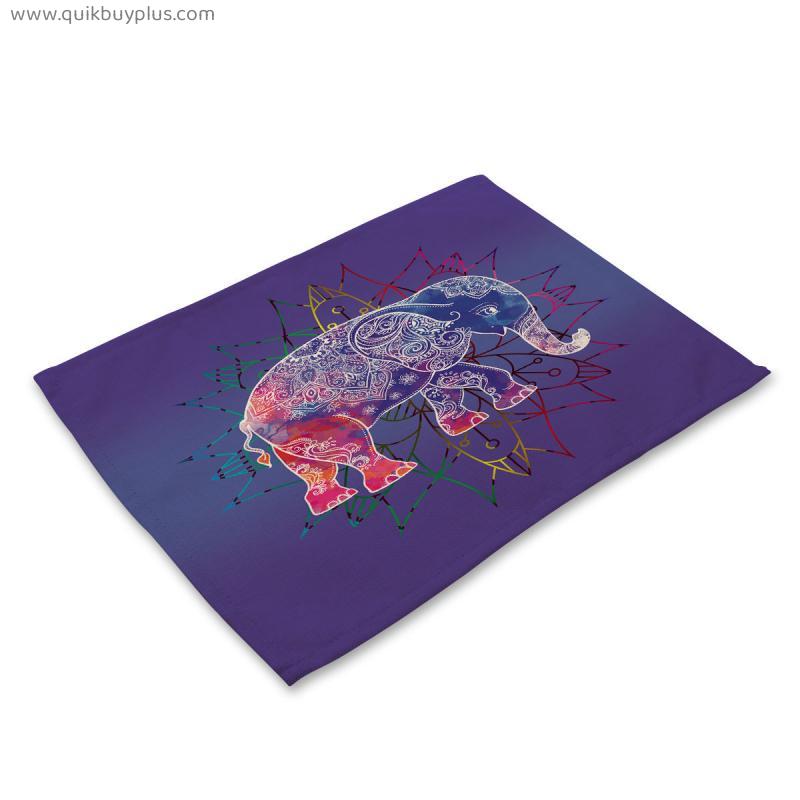 Colorful Hand-Painted Elephant Cotton Linen Fabric Heat Insulation Non-Slip Anti-Fouling Kitchen Table Placemats Are Easy to Clean