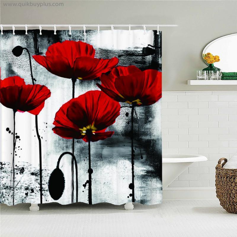 Colorful Tulip Flowers Trees Shower Curtain Bathroom Curtains Nature Flower Waterproof Polyeste Fabric Bathtub Decor with Hooks
