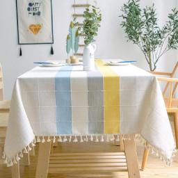 Cotton Linen Tablecloth Green Plaid Striped Stitching Table Cloth Lace Embroidered Pendant Christmas Table Cover