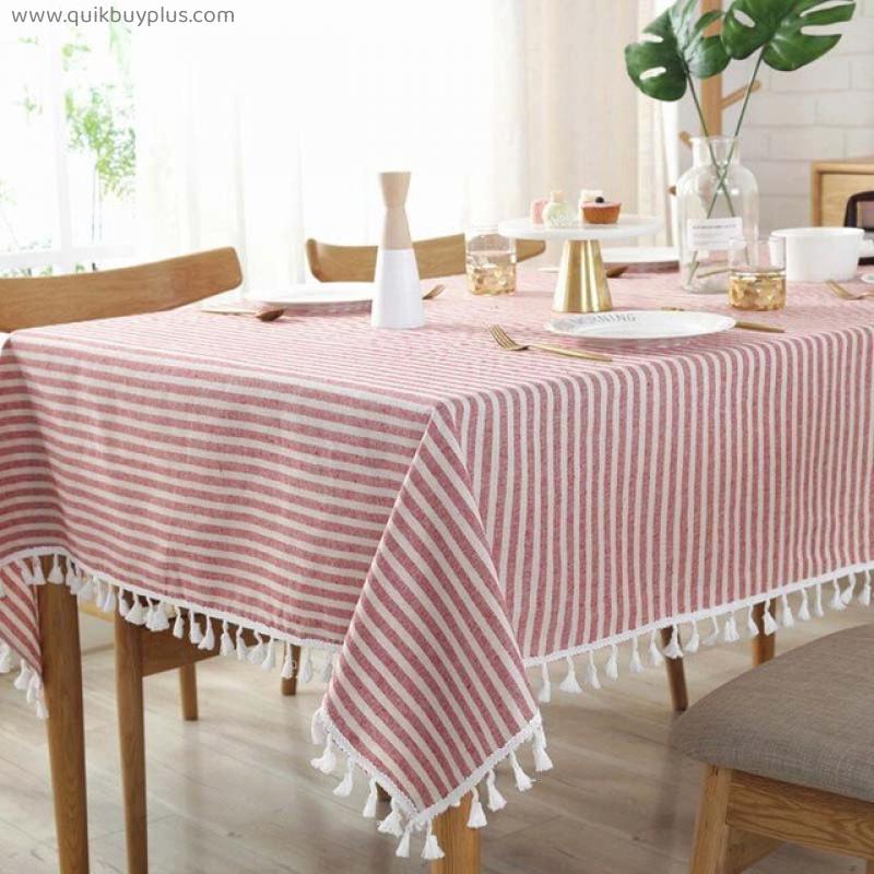 Cotton Linen Tablecloth Rectangle Tablecloth Stripe Color Table Cloth With White Tassel For Banquet Party Decoration Tablecloth