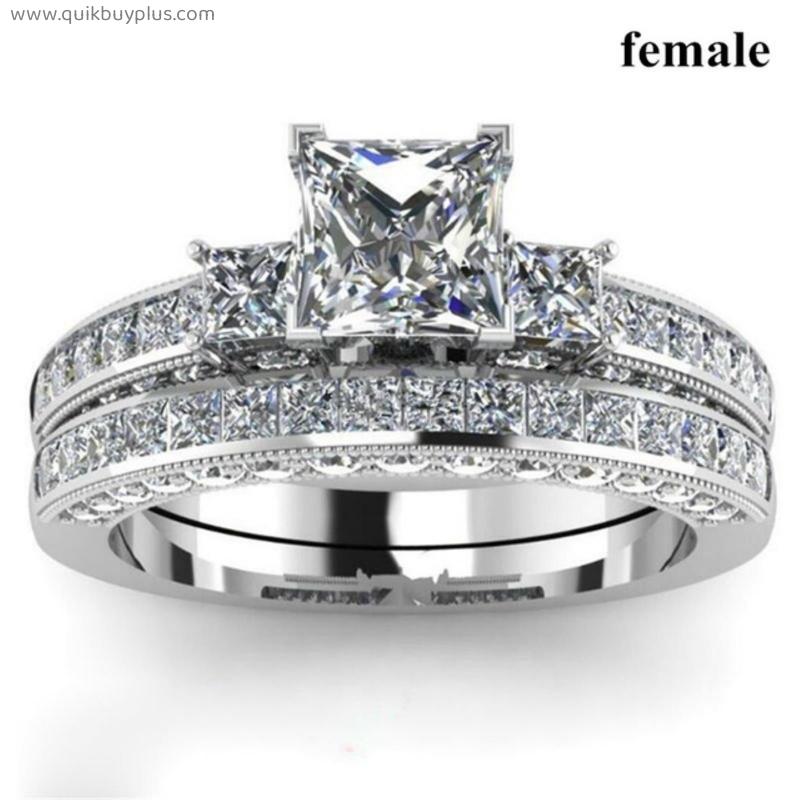 Couple Rings Women's Classic Square Zircon Wedding Engagement Ring Set & Men's 8MM Stainless Steel Silver Color Groove Cut Ring